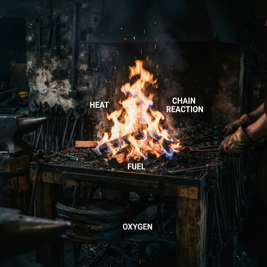 El tetraedro del fuego: combustible, oxígeno, calor y reacción en cadena
